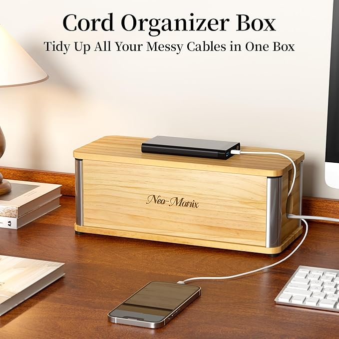 Delamu Wooden Cable Management Box, Retro-Inspired Cord Organizer Box for Home Office, Large Cord Hider Box Hides Cords and Power Strips, Floor Cord Covers, 14.3" x 6.0" x 5.5", Light Wood Color