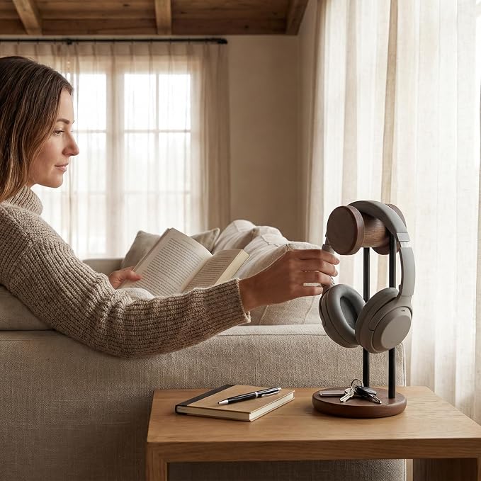 Fenge Headphone Stand for Desk, Nature Wood & Metal Headphone Holder with Storage Base, Desktop Headset Stand for Gaming Universal Headphones, Walnut