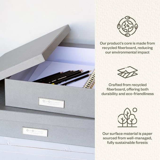 Bigso Sverker Fiberboard Legal and Art Storage Box | Scrapbook Storage Box for Loose Papers and More | Durable Document Boxes with Lid and Metal Label Holder | 17.1’’ x 12.2’’ x 3.3’’ | Grey