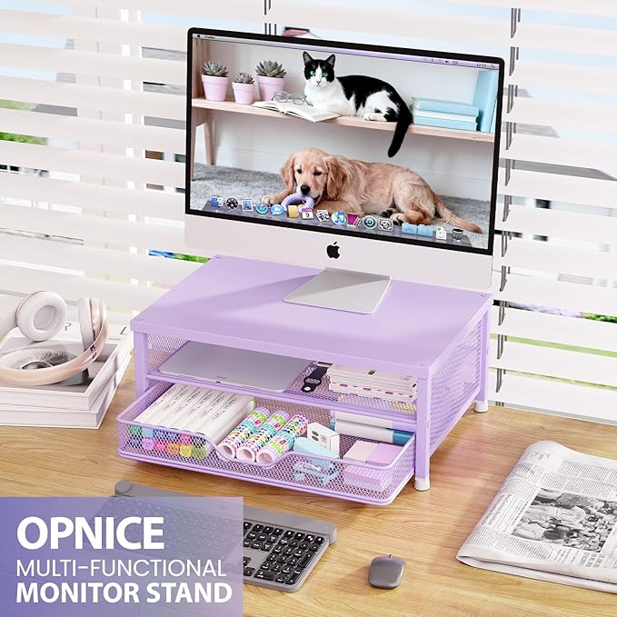 OPNICE Computer Monitor Stand Riser, Desk Organizer with Drawer, Printer & Laptop Stand, Office Desk Accessories & Workspace Desktop Organizers Storage for Office Supplies(Purple)