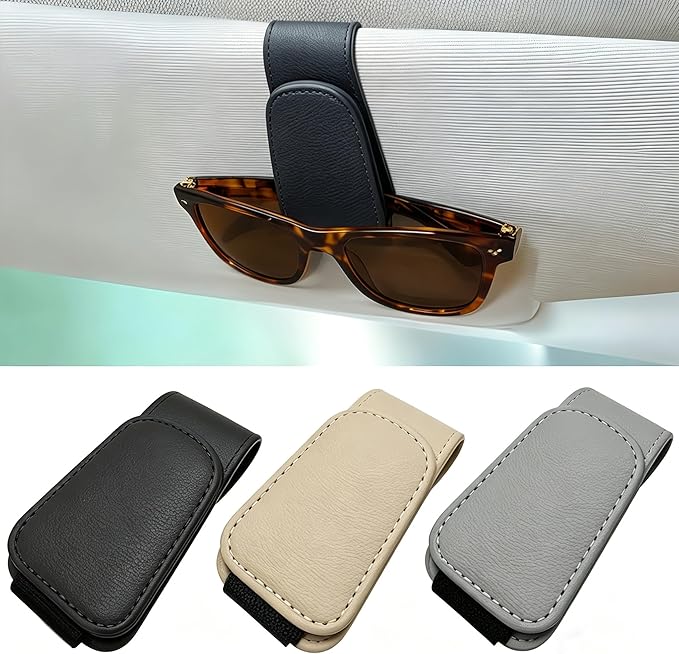 EldHus Sunglass Holder for Car Visor, Magnetic Car Glasses Holder Clip, Leather Eyeglass Holder for Car, Universal Vehicle Sunglasses Hanger Eyeglasses Mount, 1 Pack Black