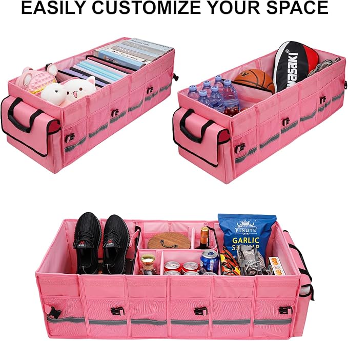 Car Trunk Organizer and Storage with Lid & Removable Leakproof Cooler Bag, Car Accessories 6 Removable Dividers for Custom Space, Collapsible Large Trunk Organizers Interior for SUV & Sendan, Pink