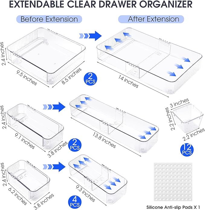 Aneco 20 Pieces Extendable Clear Drawer Organizer Adjustable Vanity Storage Box 4-Size Desk Drawer Divider Acrylic Storage Bins for Makeup, Cosmetic, Jewelries, Bedroom Kitchen Utensils Gadgets