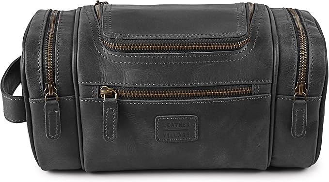 LEATHER VILLAGE Genuine Leather Travel Dopp Kit for Men & Women – Large Capacity Hanging Toiletry Bag with Water-Resistant Lining – Ideal for Travel, Grooming & Gym - Black