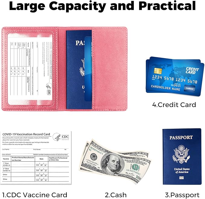 Passport Holder for Travel Men Women - Passport Cover, Passport Wallet Case Travel Essentials Travel Must Haves Accessories Blocking Leather Card Slot Protector for Stocking Stuffers Gifts, Pink