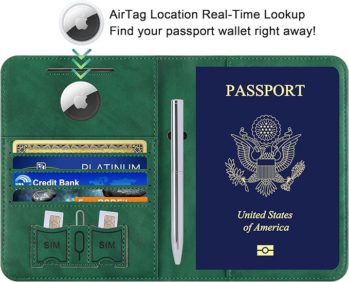Airtag Passport Holder for Travel Essentials Wallet Rfid Blocking Cover Leather Case Vacation Travel Accessories for Women Men (601#Green)