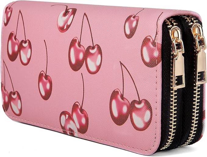 Women Cherry Print Long Wallet, Dual Zipper Large Capacity PU Leather Card Holder Clutch Purse for Daily & Travel