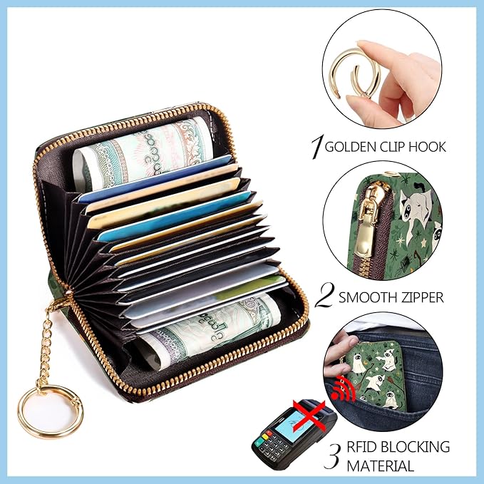Blusabaca Credit Card Holder for Women, Halloween Spooky Witch Goth Gothic Cute Small RFID Blocking Wristlet Strap Wallet, Zipper Keychain Leather Accordion Case Purse with Key Lanyard Holiday Gift