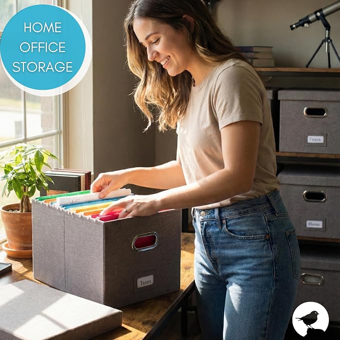 Internet's Best Collapsible File Box Storage Organizer with Lid - Decorative Linen Filing & Storage Office Boxes – Hanging Letter/Legal Folder – Home Office Bins Cabinet – Grey Container - 1 Pack