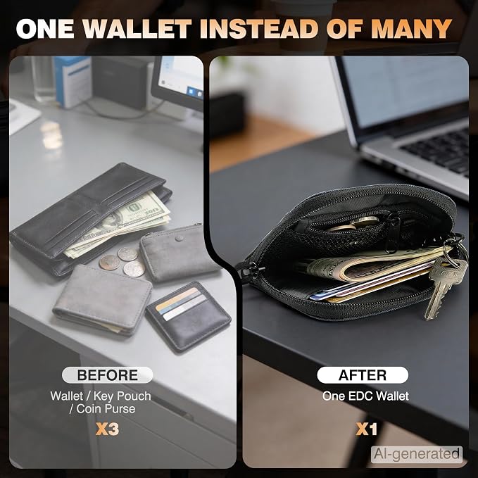Coin Purse for Men, RFID Blocking 500D Nylon Small Wallet with Key Clip, Slim Front Pocket Card Holder, Zipper Coin Pouch & ID Window Organizer for Cards, Cash