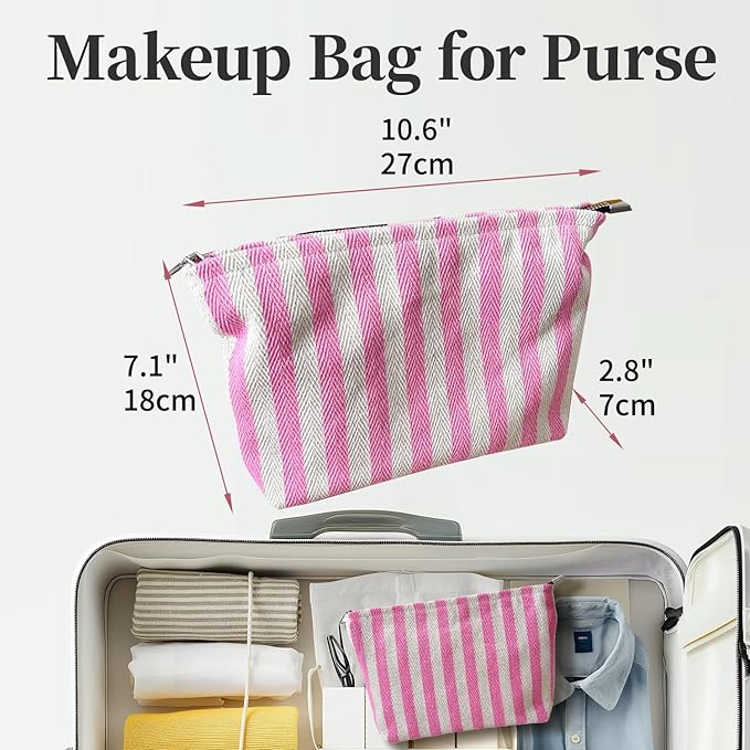itgowisa Pink Striped Canvas Makeup Bag, Lightweight Cosmetic Pouch with Large Zipper Pull & Cotton Blend Lining, Travel Toiletry Organizer for Women & Gifts, Skincare Bag Hygiene Pouch Sunscreen Bag