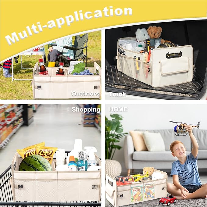 JiatuA Car Trunk Organizer, Car Organizers and Storage Collapsible Multi Compartment Container Box, Adjustable Car Accessories for SUV Sedan Truck, Standard Size, Beige