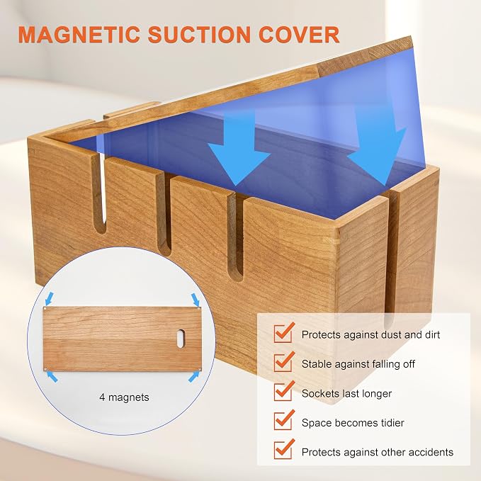 Elitzia Wood Cable Tidy Box Large Desk Cable Management Box Cord Wire Organiser for Hiding Messy Cables Wire Management Natural Cherry Wood Cables Storage Tidy Boxs for Home Salon SPA Office ETCHER01