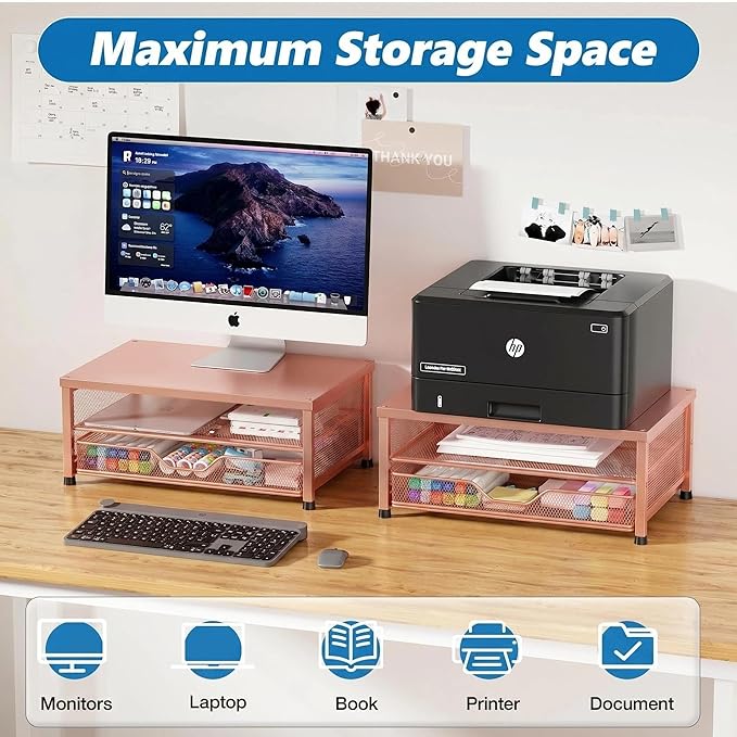 OPNICE Computer Monitor Stand Riser, Desk Organizer with Drawer, Printer & Laptop Stand, Office Desk Accessories & Workspace Desktop Organizers Storage for Office Supplies(Rose Gold)