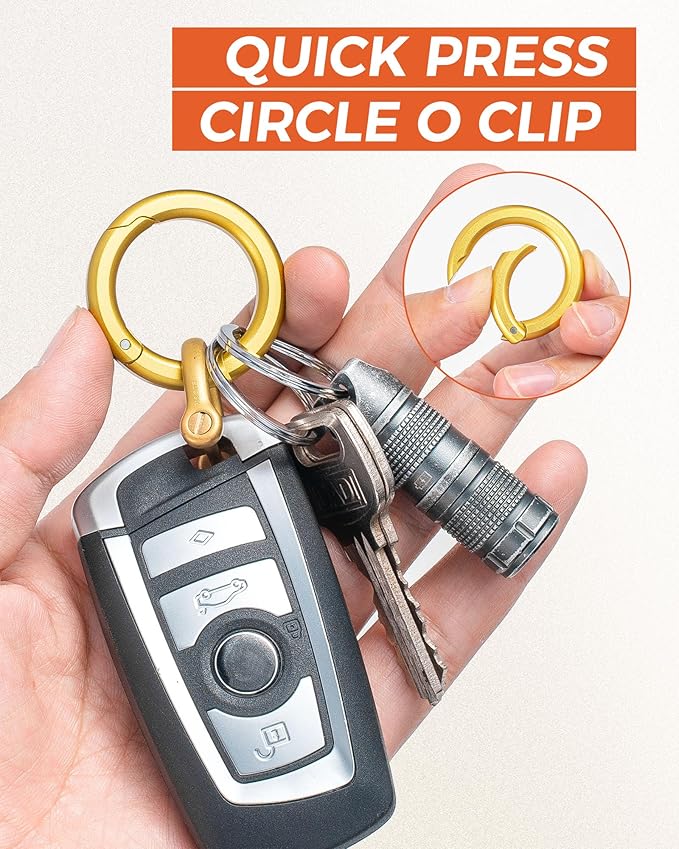 FEGVE Round Carabiner Keychain Clip,1.36 in Gold Spring O Key Rings Clip, Key Chain Quick Release Snap Hook for Women