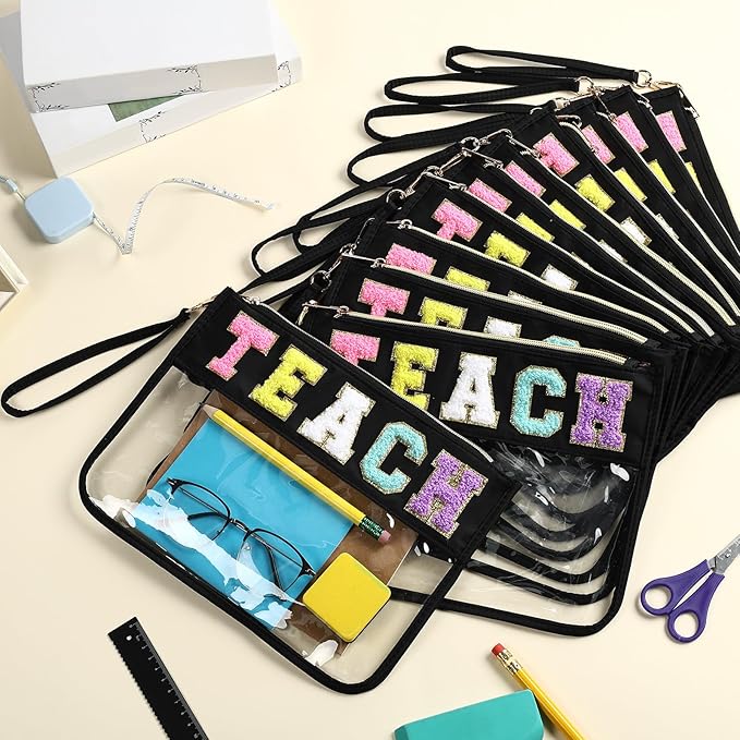 Abbylike 12 Pcs Snack Bags Chenille Letter Teach Zipper Pouch Waterproof PVC Large Bag for Travel Makeup Cosmetic Storage Organizer for Mom Team Cheerleaders Teacher (Black)