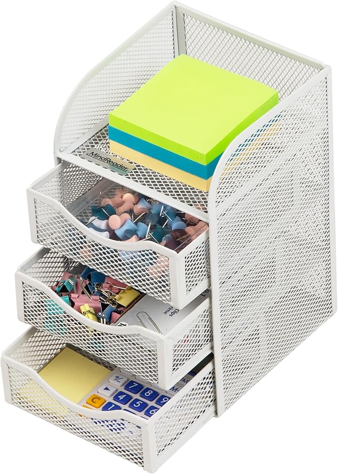 Mind Reader Desktop Accessory Storage, Paper Binder Clip Basket, Workspace, Office, Metal Mesh, 4.75"L x 5"W x 8"H, White