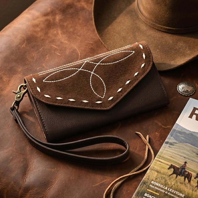 Merbaa Suede Leather Wallet for Women, Genuine Leather Wristlet Clutch with Magnetic Closure, Slim Organizer with Card Slots, Zip Coin Pocket & Compartments, Brown