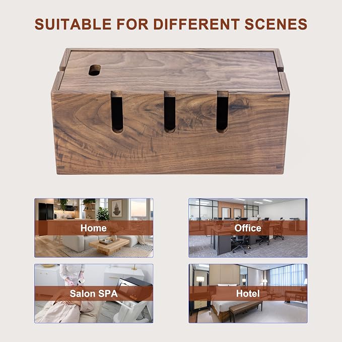 Elitzia Wood Cable Tidy Box Large Desk Cable Management Box Cord Wire Organiser for Hiding Messy Cables Wire Management Natural Walnut Wood Cables Storage Tidy Boxs for Home Salon SPA Office ETCHER02