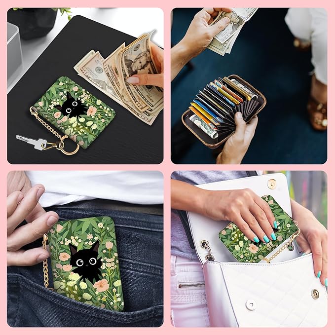 Blusabaca Women's Black Cat Floral RFID Wallet, Waterproof, Leather, 12 Card Slots, 2 Pockets for Coins, 2.5 in x 3.5 in