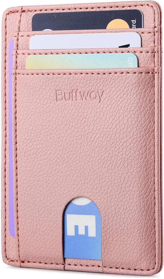 Buffway Slim Minimalist Front Pocket RFID Blocking Leather Wallets for Men and Women - Lichee Pink