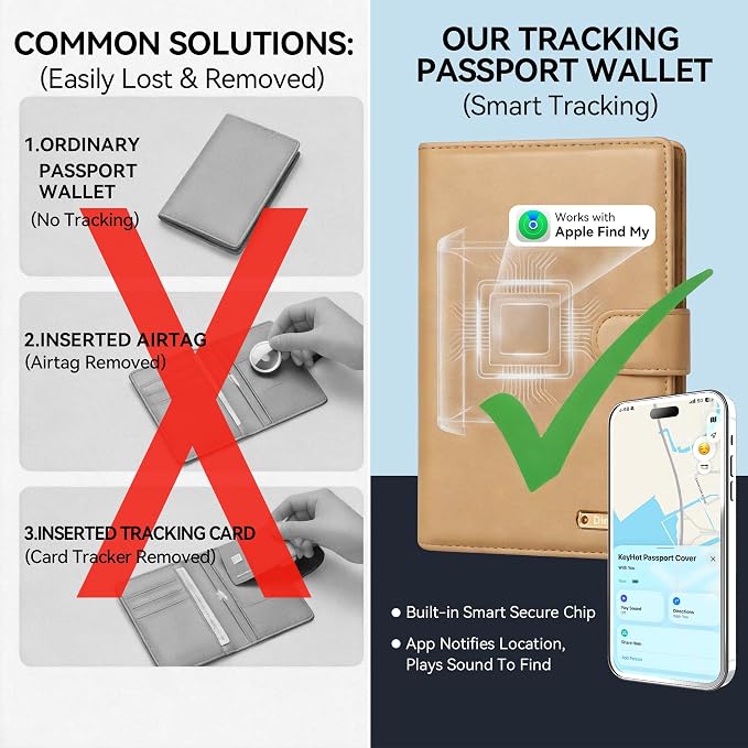 Passport Holder for Travel, Apple MFi Certified Smart Passport Cover Works with Find My, Rechargeable Travel Wallet with Lanyard, RFID Blocking Card Case, PU Leather, Brown