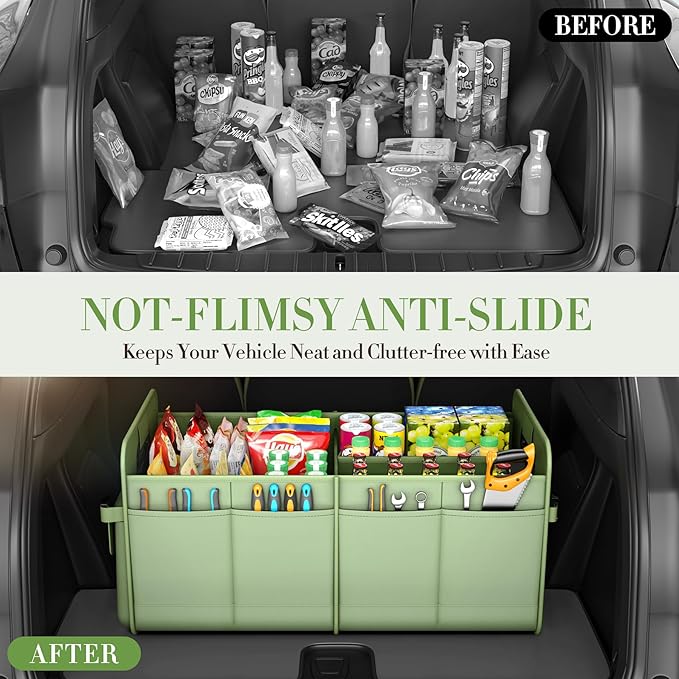 titiyiof Trunk Organizer For Suv & Sedan,Car Organizers and Storage, Waterproof Collapsible & Adjustable Straps,75L Sturdy Car Organization for Car Accessories, Tools,Sundries,2-3Compartment（Green