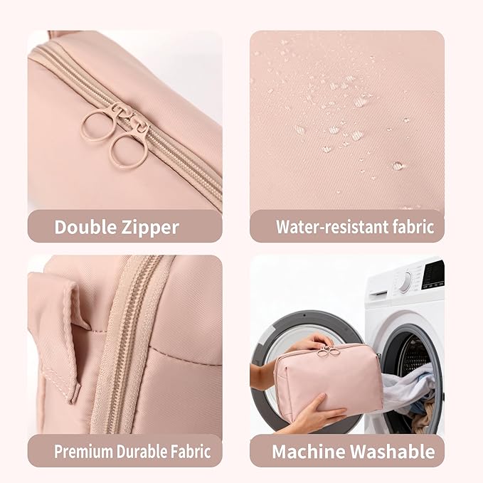 Fabric Cosmetic Bag with Multi-Compartments - Machine Washable Makeup Organizer, Water-Resistant Travel Toiletry Pouch, Lightweight Portable Beauty Bag for Purse Light Pink