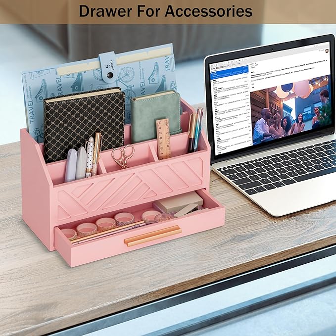Pink Wood Desk Organizer and Accessories with Drawer, Bill Mail Organizer and File Mail Holder for Office Supplies, Modern Desk Accessories & Workspace Organizers for Desk Organization