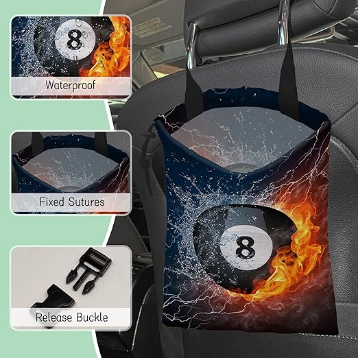 Billiards Ball Car Garbage Bag,Waterproof Small Car Trash Bag Hanging Back of Seat,Drawstring Hanging Car Trash Bag with Adjustable Buckle for Car Accessories