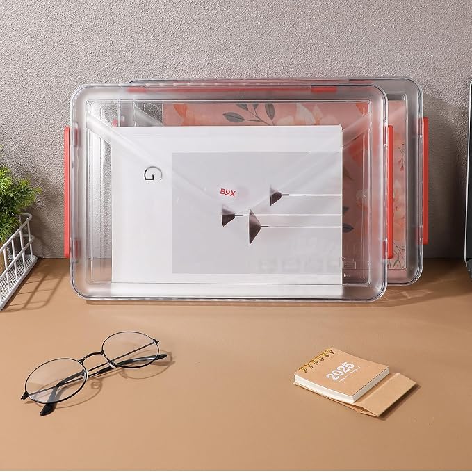 Plastic File Storage Boxes with Lids, 2pcs Small Desktop Organizers with Handle, Stackable Document and Paper Storage Bins for Office and School Use