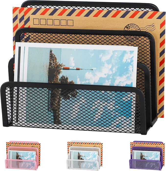 EASEPRES Desk Mail Organizer, Office Small Desktop Metal Mesh Envelope Letter Sorter Paper File Holder Organizer with 3 Vertical Upright Compartments, Black 1 Pack