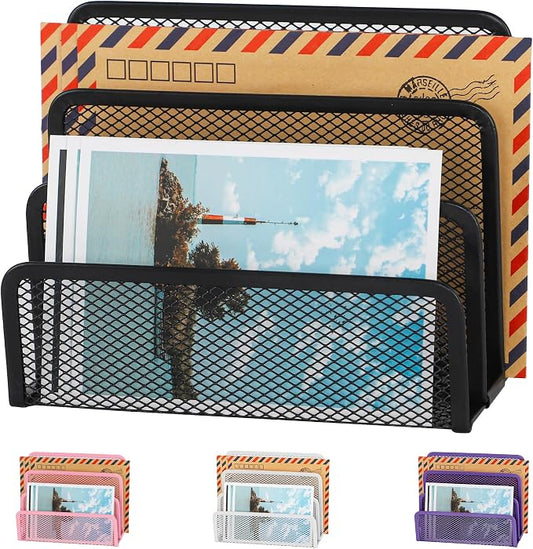 EASEPRES Desk Mail Organizer, Office Small Desktop Metal Mesh Envelope Letter Sorter Paper File Holder Organizer with 3 Vertical Upright Compartments, Black 1 Pack