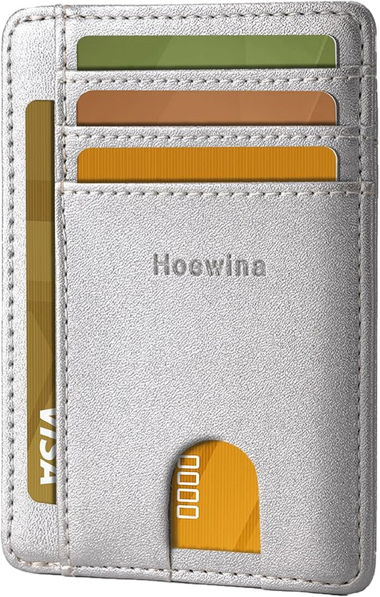 Hoewina Slim Wallet for Men, Credit Card Holder Wallet, Minimalist Design - RFID Blocking Front Pocket Leather Thin Wallet for Men and Women(Sand Silver)