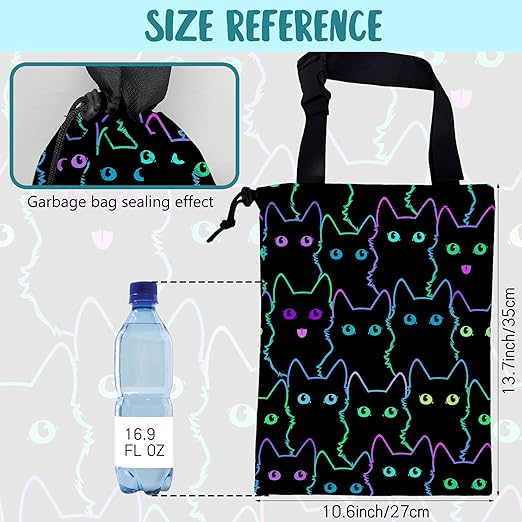 Car Trash Bag Cute Neon Cartoon Cat Leak-Proof Waterproof Car Garbage Bag with Drawstring Foldable Canvas Trash Bin with Adjustable Buckle for Car Accessories, Travelling, Camping