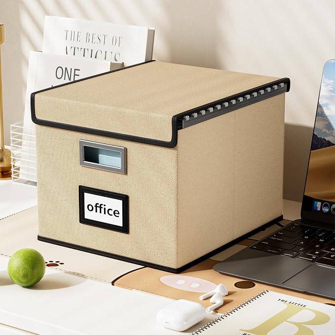 File Organizer Box with Lid, Collapsible File Folder Organizer for Office Document Storage, Filing Box with Plastic Slide for Letter/Legal Size Hanging Files, Brown, 2 Pack