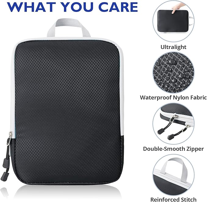 Compression Packing Cubes, 8 Set Packing Cubes for Travel Compression, Lightweight Compressible Package Organizer for Carry On and Suitcases, Black and Grey