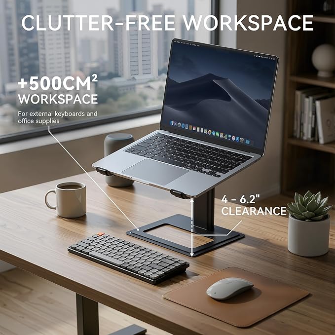 SOUNDANCE Adjustable Laptop Stand, Ergonomic Aluminum Riser for 10-17.3” Notebooks, Ventilated Metal Holder with Height Alignment for Desk Workspace, Black