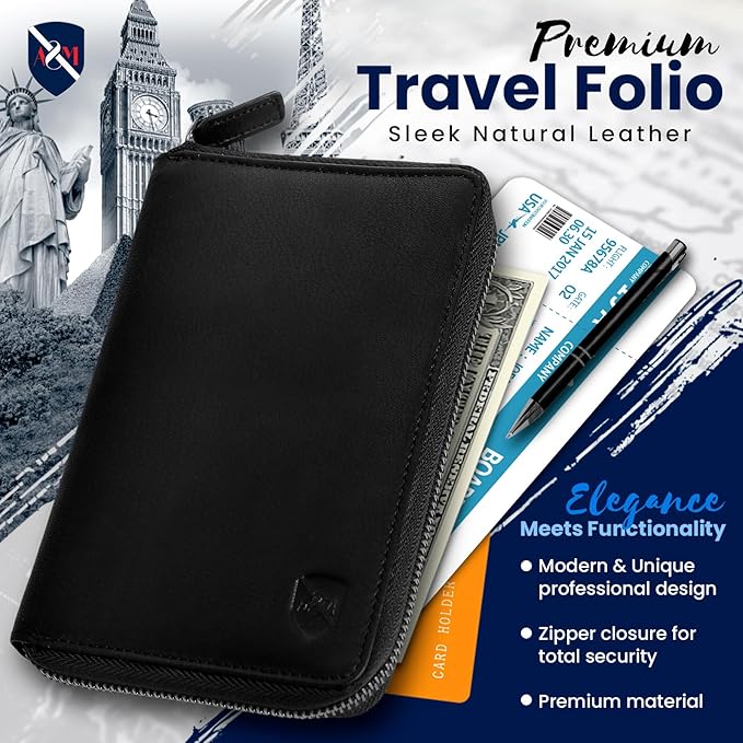 ALLEN & MATE 100% Leather Passport Holder for Travel RFID Blocking Passport Wallet for Men & Women - Zippered Compact Travel Document Organizer Fits Passport, Cash, Cards, SIM, ID and Tickets