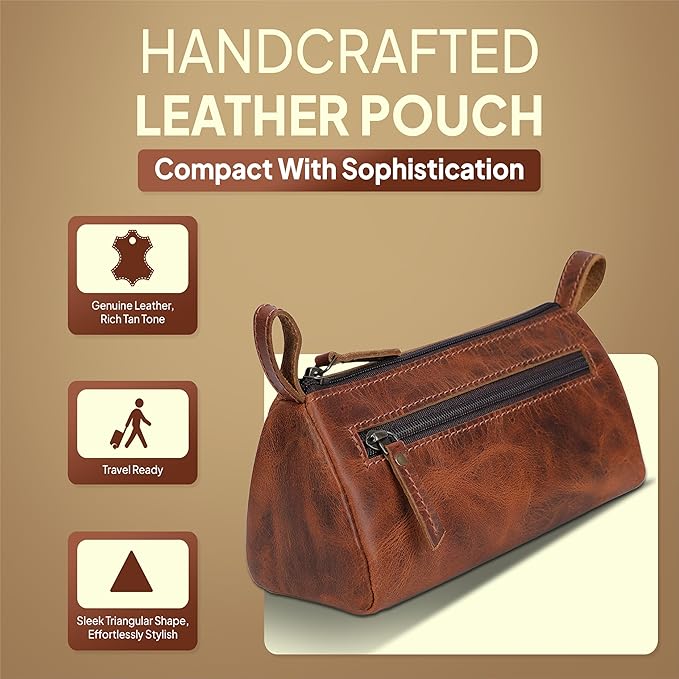 Leather Makeup Bag for Women – Genuine Leather Cosmetic Bag Travel, Handmade Zippered Makeup Pouch, Small Toiletry Bag, Shaving Kit & Stationery Organizer- Tan
