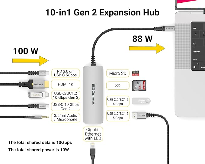 USB-C Hub Docking Station 10 in 1 with 4K HDMI 60Hz, 1 GBS Ethernet, 2 USB C Gen 2 10Gbs, 1 PD 3.0, 2 USB-A 3.0, Audio Ports, SD/Micro SD, Compatible with USB Type C/Thunderbolt Computers