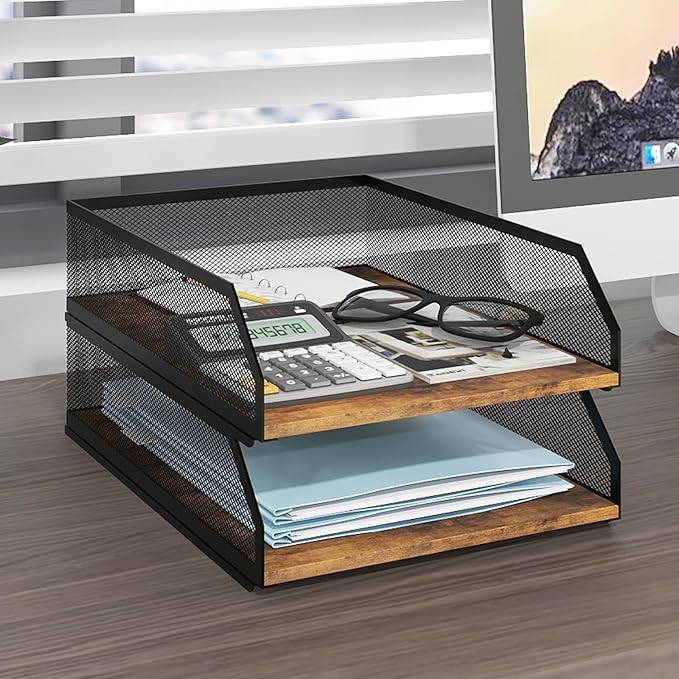 Natwind 2-Tier Stackable Metal Mesh Paper Organizer with Sliding Tray,Retro | Wooden Desk Organizer, Letter Tray For Desktop,File Holder For Home Office School Classroom Organization