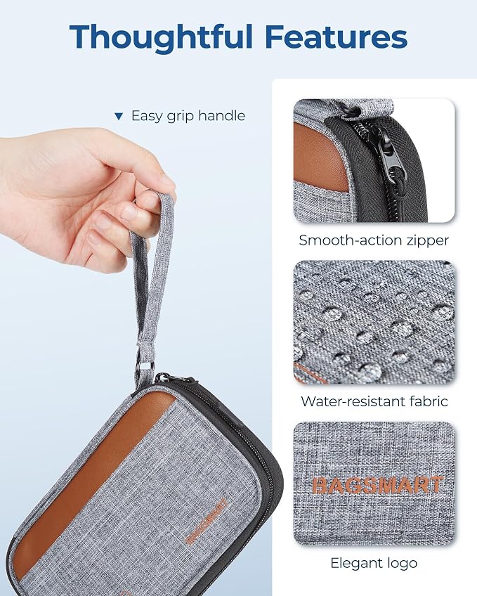 BAGSMART Small Travel Cable Organizer, Tech Accessories for Charger, Phone, Gray