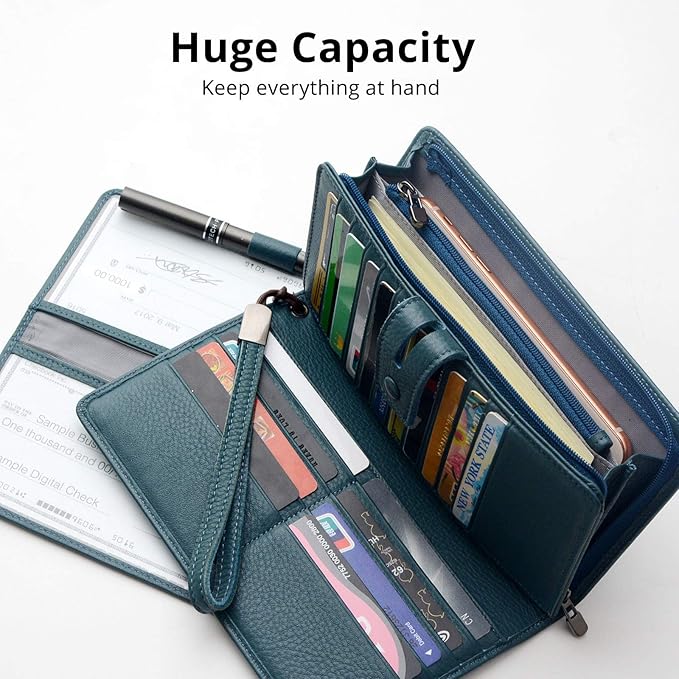 Women's Big Fat RFID Blocking Leather Wristlets Wallet Organizer Checkbook Holder (Blue)