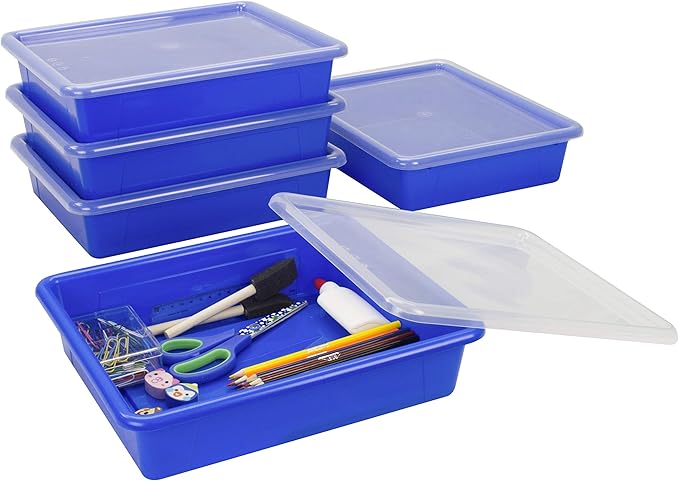 Storex Letter Size Flat Storage Tray – Organizer Bin with Non-Snap Lid for Classroom, Office and Home, Blue, 5-Pack (62536A05C)