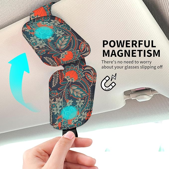 Leather Magnetic Sunglass Holder for Car Sun Visor, Cute Eyeglass Ticket Card Hanger Clip, Universal Auto Interior Accessories for SUV Pickup Truck Dark Red Floral