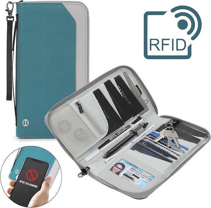 Passport Holder Family for 4, RFID Blocking Travel Wallet Women Men,Passport Wallet with Airtag Holder,Family Passport Protector Case, RFID Blocking, Lightweight, Zipper, Document Organizer, Pouch Bag