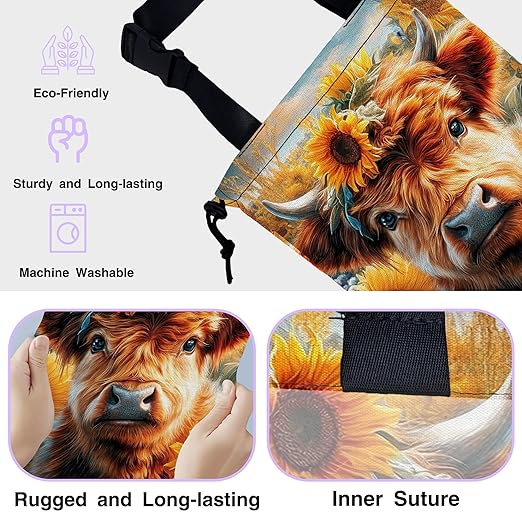 Car Trash Bag Hanging Highland Cow and Sunflowers Car Trash Can for Back Seat Waterproof Car Garbage Can with Adjustable Straps and Drawstring for Car Accessories Vehicle Travelling Camping