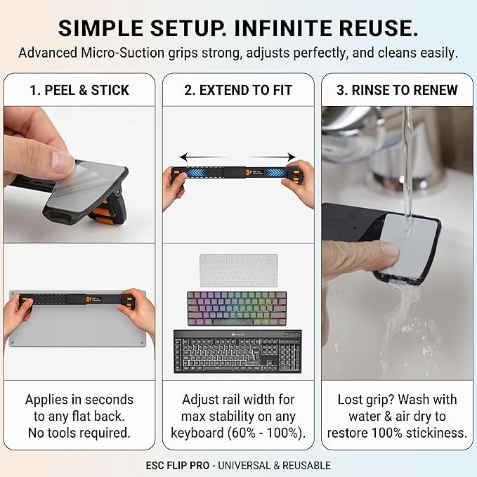 ESC Flip PRO Adjustable Keyboard Stand (3rd Gen) – Extendable Width for 100% Stability on Full-Size & Compact Keyboards – Reusable Micro-Suction Grip (Washable & No Glue) – Portable Folding Legs for Laptop & PC