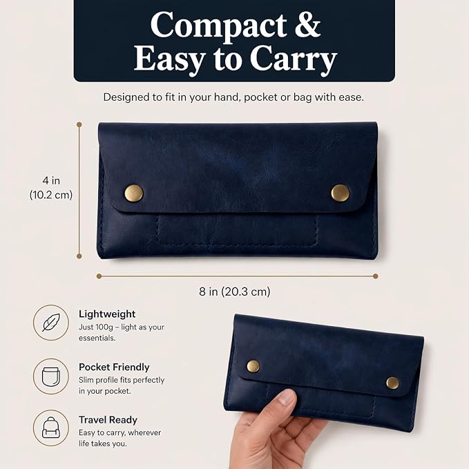 Leather Currency Pouch - Handmade Cash Organizer with Double Button Closure & Zipper Pocket, Compact Money Holder for Travel & Everyday Use, 4 x 8 Inch (Blue)